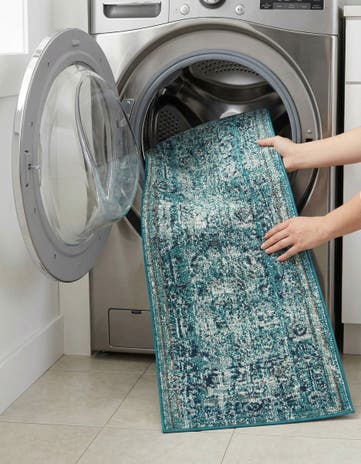 Light Blue Washable Fleur Runner Rug