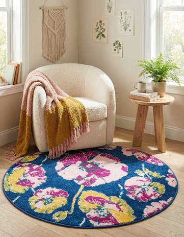 Navy Blue Bloom Round Rug