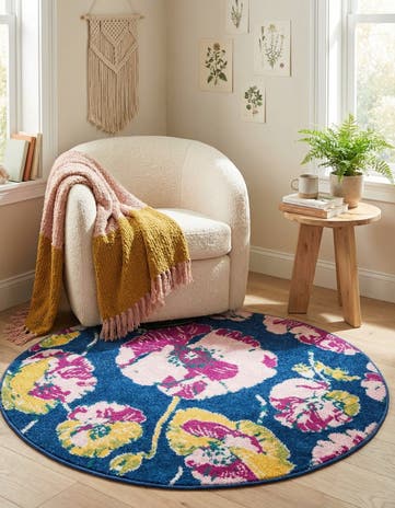 Navy Blue Bloom Round Rug