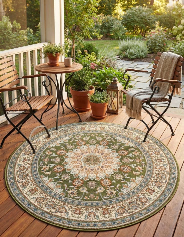 Detail image of 4' 1 x 4' 1  Washable Traditional Indoor / Outdoor Round Rug