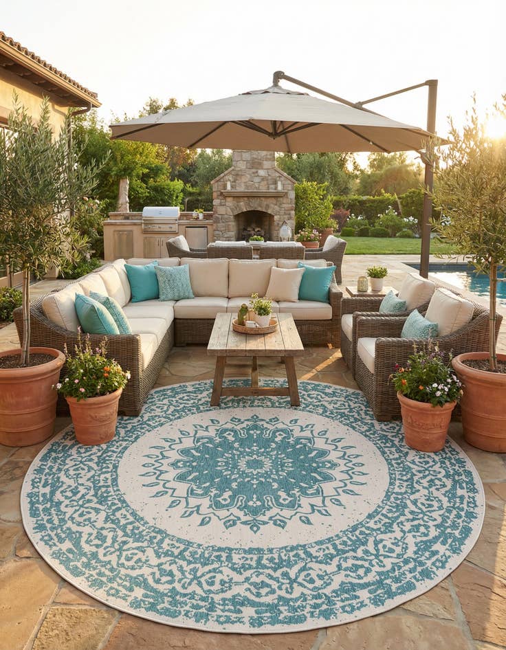 Detail image of 13' x 13'  Washable Traditional Indoor / Outdoor Round Rug