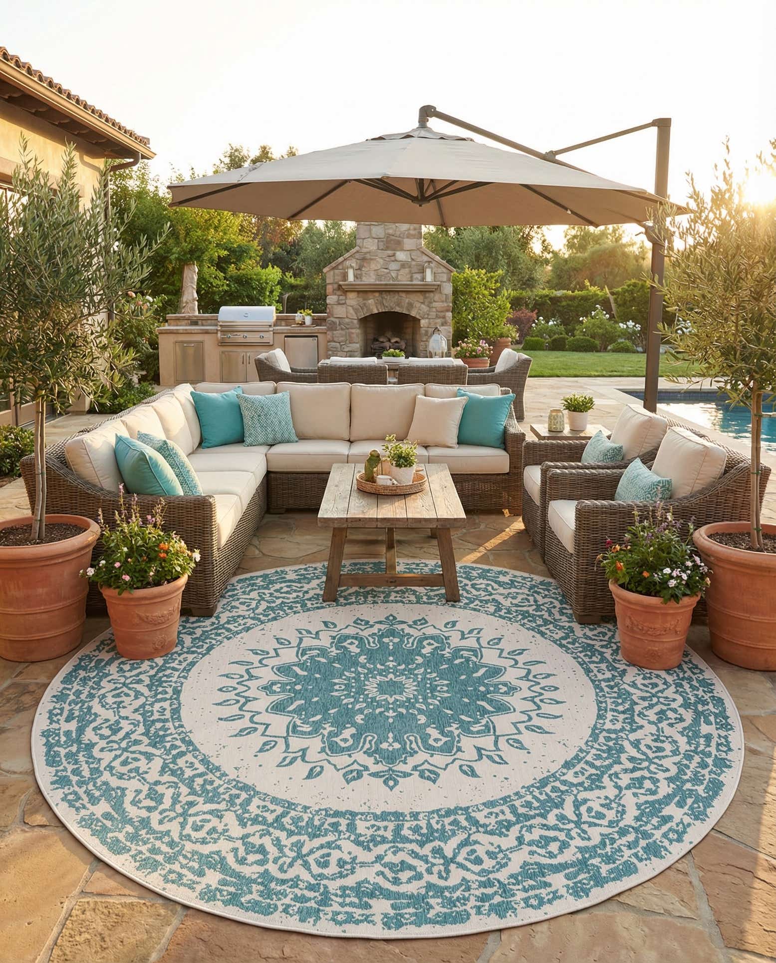 13' x 13' Easy-Clean Traditional Indoor / Outdoor Round Rug