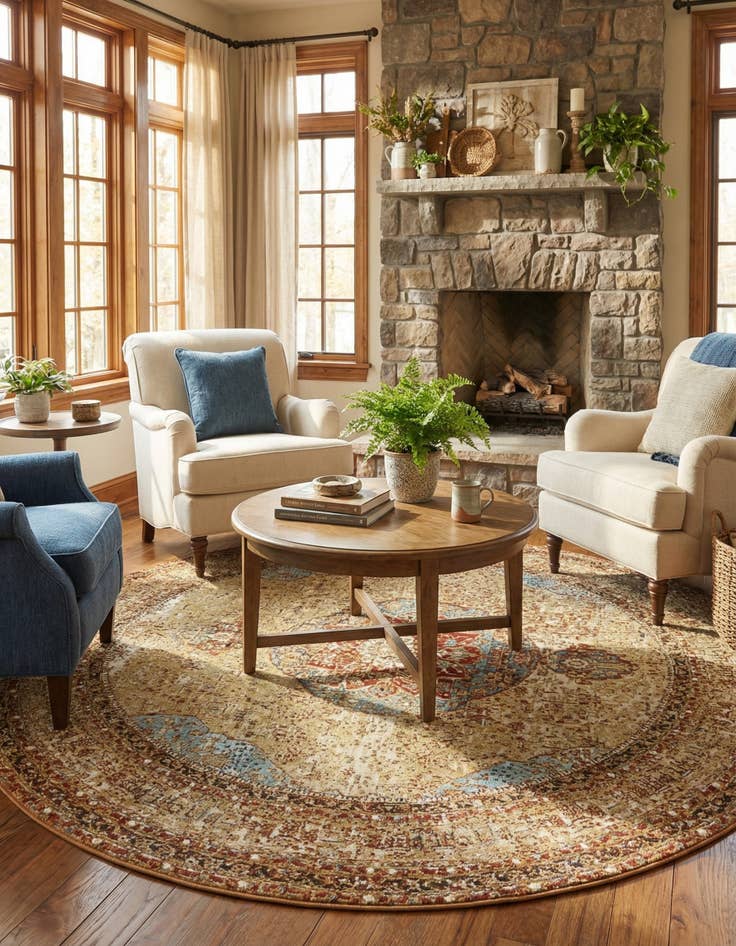 Detail image of 7' 10 x 7' 10  Washable Traditional Indoor / Outdoor Round Rug