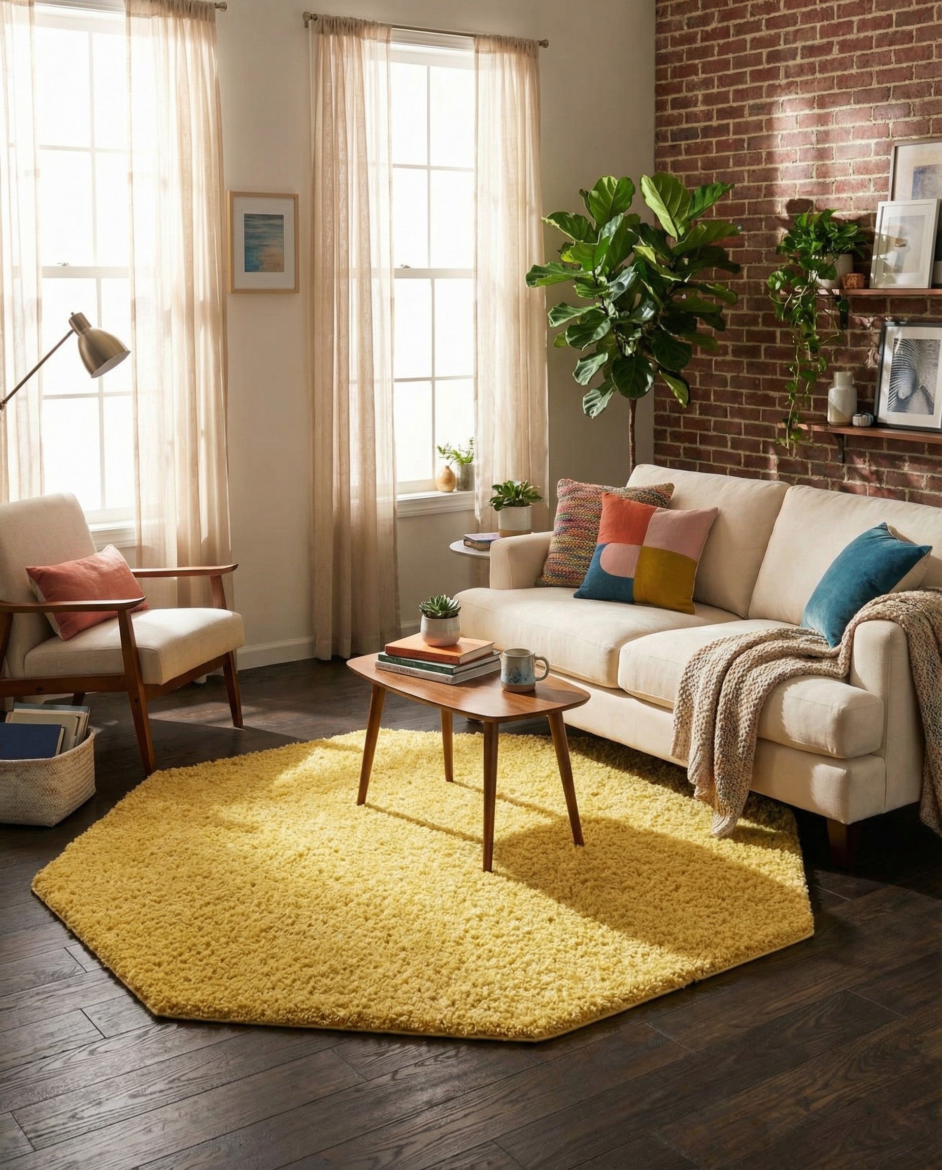 A soft, plush 6' x 6' octagon shag rug in a vibrant golden yellow color, perfect for a modern living space.