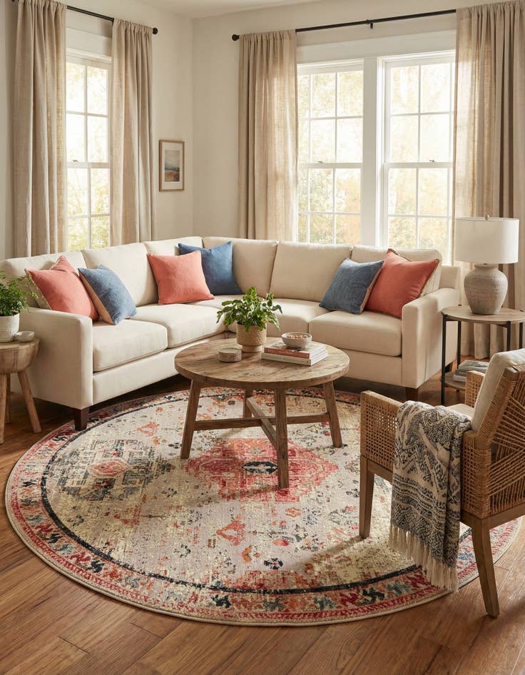 Detail image of 7' 10 x 7' 10  Washable Traditional Indoor / Outdoor Round Rug