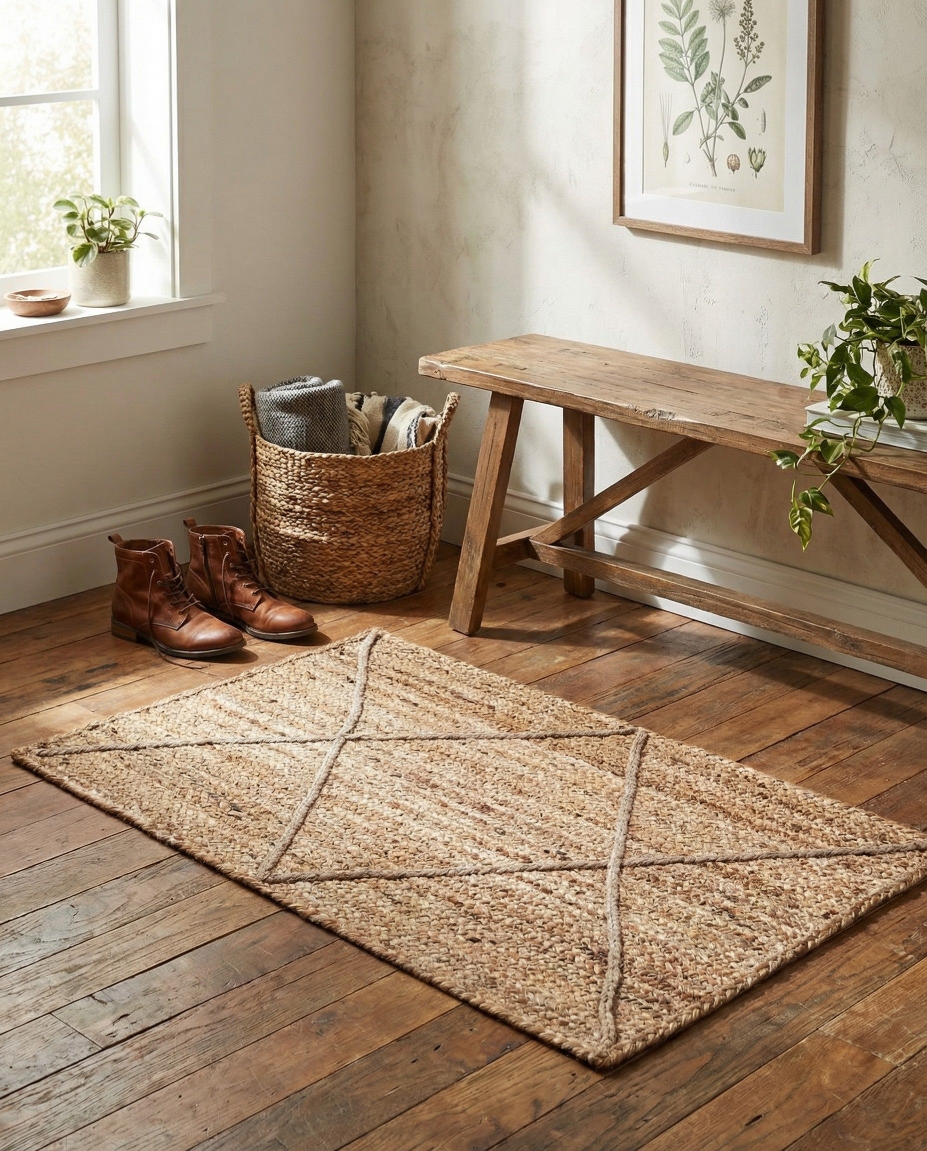 A 2x3 rectangular natural jute rug featuring a braided texture and a light tan diamond pattern overlay.