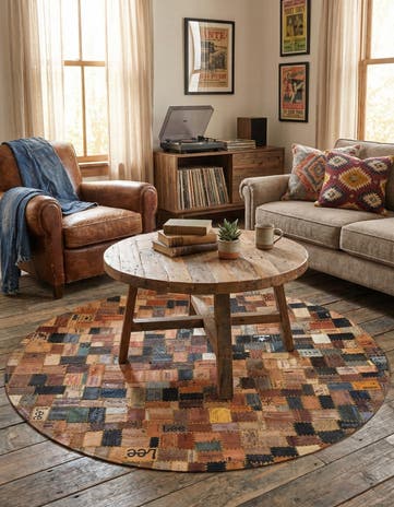 Black and Brown Jean Leather Tag Round Rug