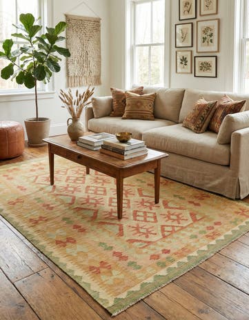 4' 9 x 6' 7 Hand Woven Kilim Waziri Wool Rug