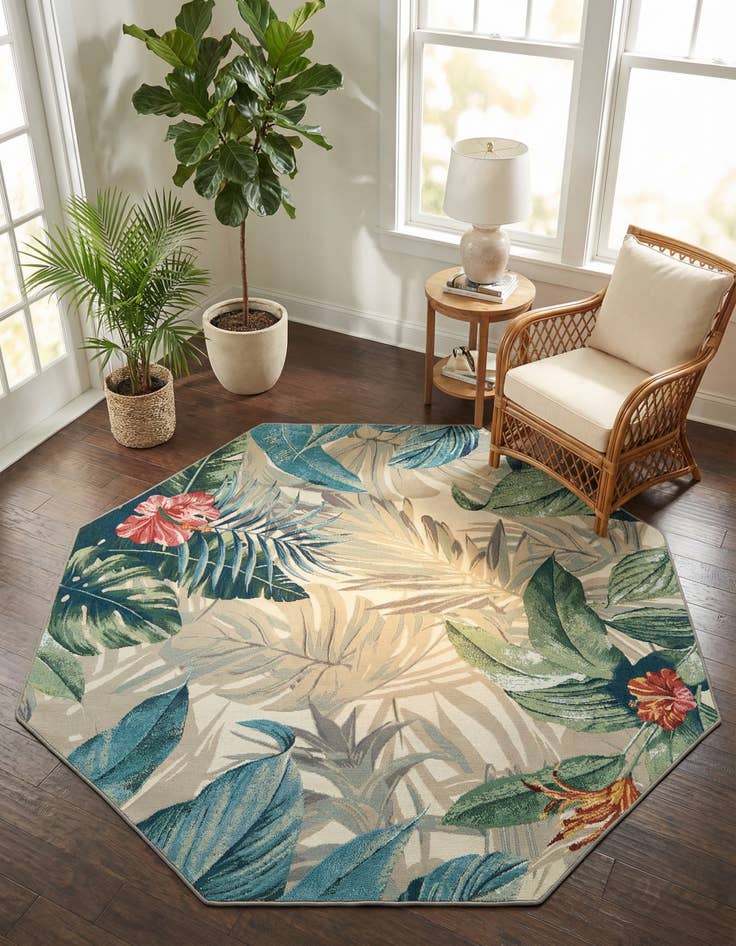 Detail image of 7' x 7'  Washable Botanical Indoor / Outdoor Octagon Rug