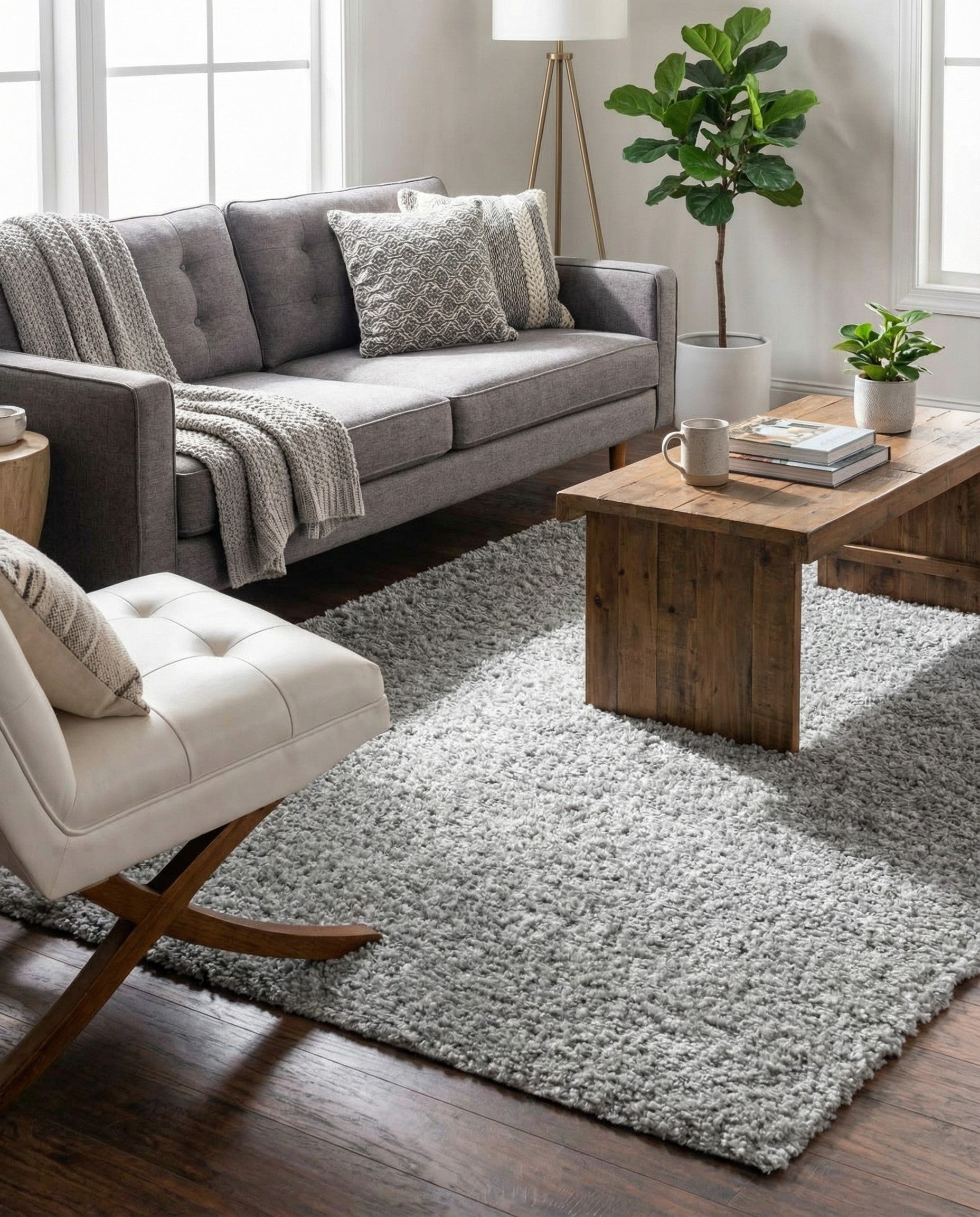A soft, rectangular 5x8 gray shag rug with a textured pile, ideal for a living room or bedroom.