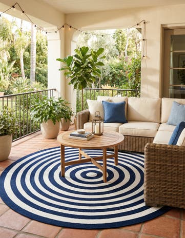 Navy Blue and White Easy-Clean Eco Verse Washable Indoor / Outdoor Round Rug
