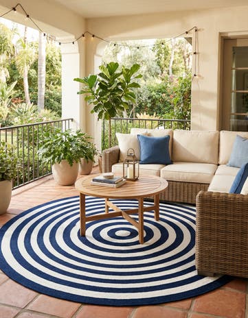 Navy Blue and White Easy-Clean Eco Verse Washable Indoor / Outdoor Round Rug
