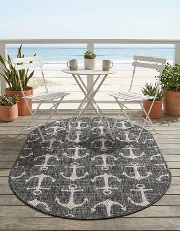 Charcoal Easy-Clean Coastal Indoor / Outdoor Oval Rug