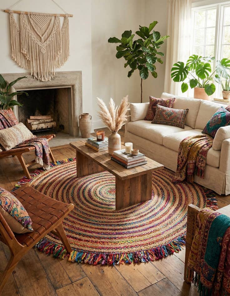 Detail image of 10' x 10'  Hand Braided Chindi Jute Round Rug