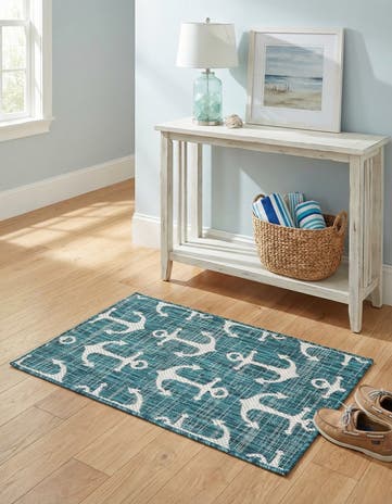 Teal Easy-Clean Coastal Indoor / Outdoor Rug