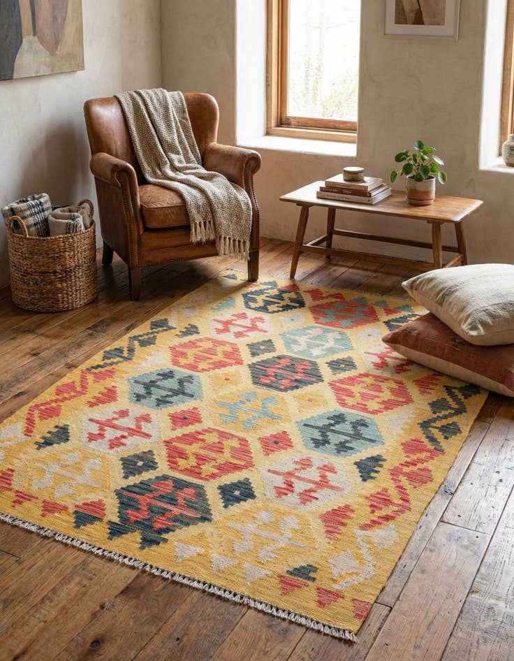 Detail image of  4' 3 x 6' 1  Hand Woven Kilim Maymana Wool Rug