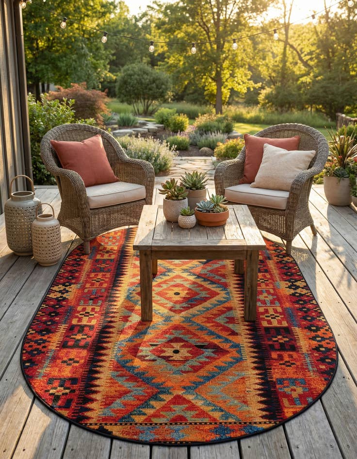 Detail image of 5' 3 x 8' Easy-Clean Tribal Indoor / Outdoor Oval Rug