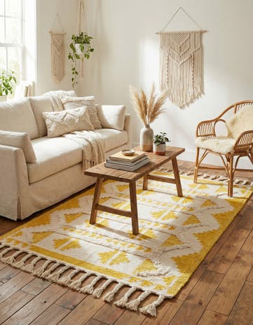 Yellow and White Hand Woven Arizona Wool Rug