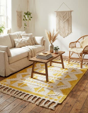 Yellow and White Hand Woven Arizona Wool Rug