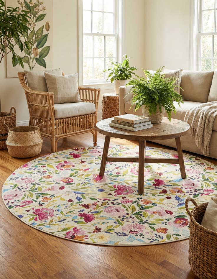 Detail image of 7' 10 x 7' 10 Easy-Clean Botanical Indoor / Outdoor Round Rug