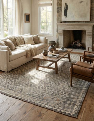 6' 9 x 9' 8 Hand Woven Kilim Maymana Wool Rug