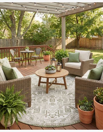 Green Easy-Clean Aztec Indoor / Outdoor Oval Rug