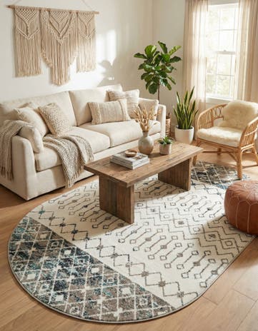 Ivory Gray Blue Moroccan Trellis Oval Rug