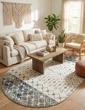 Ivory Gray Blue Moroccan Trellis Oval Rug