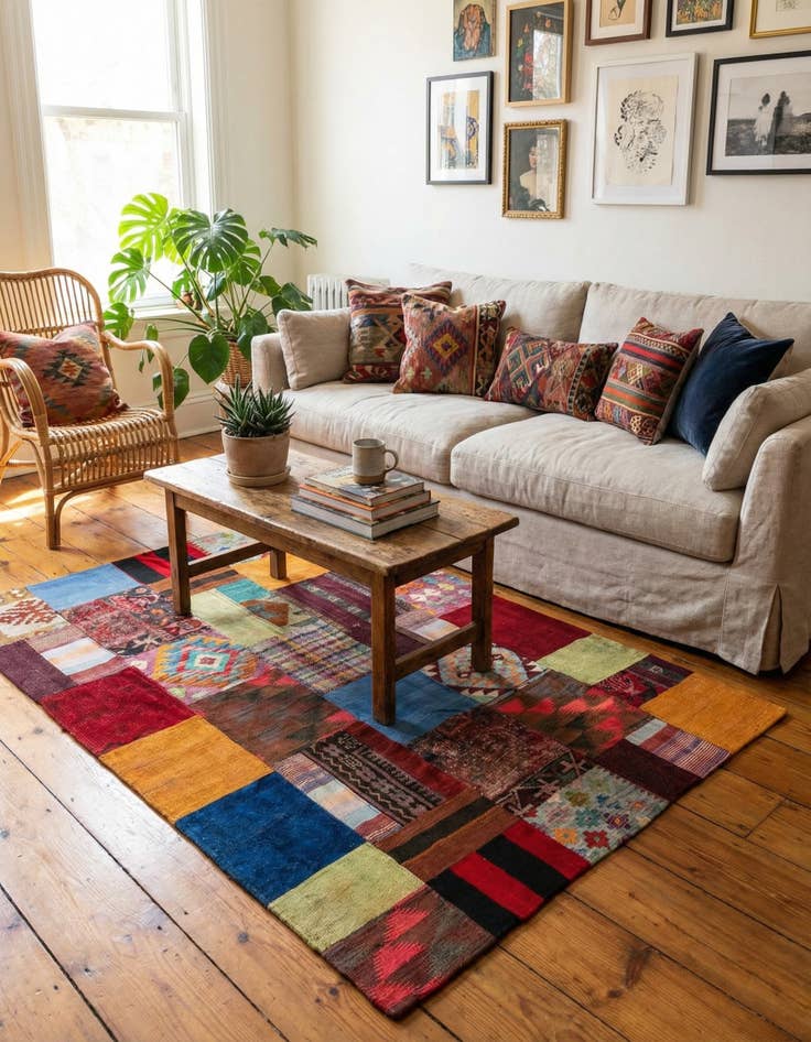 Detail image of  4' 1 x 6'  Hand Woven Kilim Patchwork Wool Rug