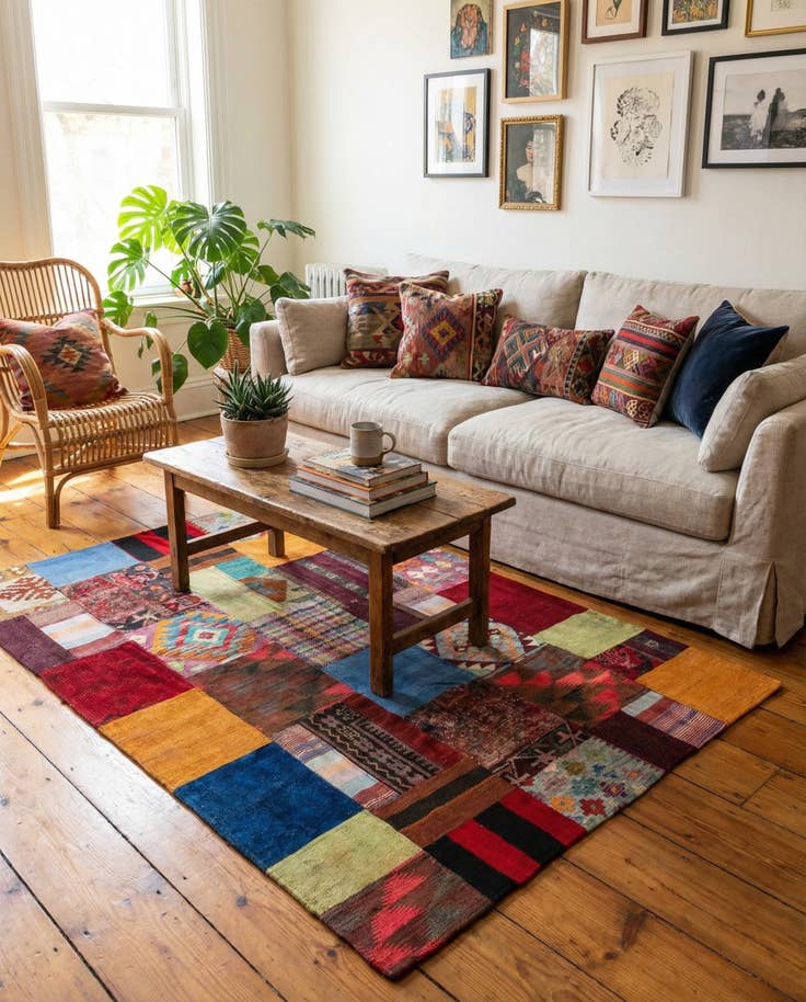 Detail image of 4' 1 x 6' Hand Woven Kilim Patchwork Wool Rug