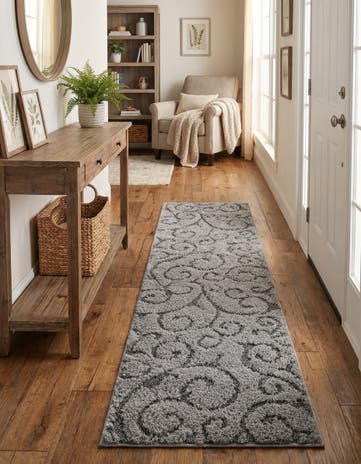 Light Gray and Gray Botanical Shag Runner Rug