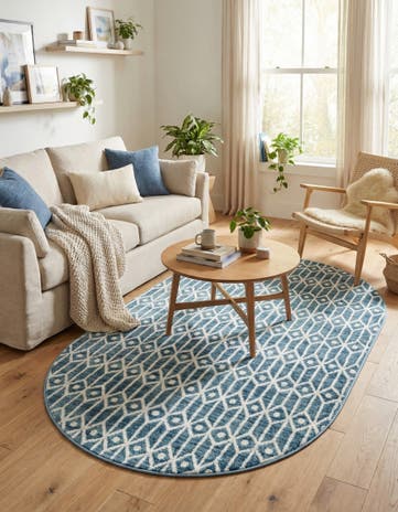 Blue Lattice Trellis Oval Rug
