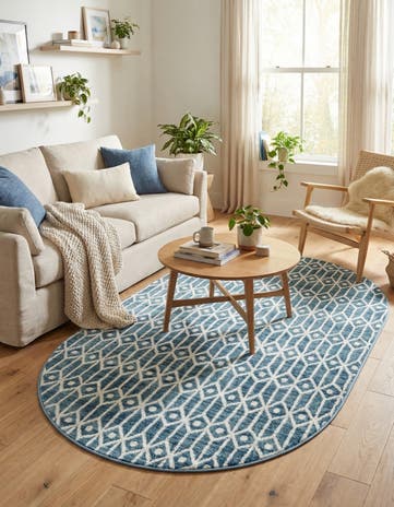 Blue Lattice Trellis Oval Rug
