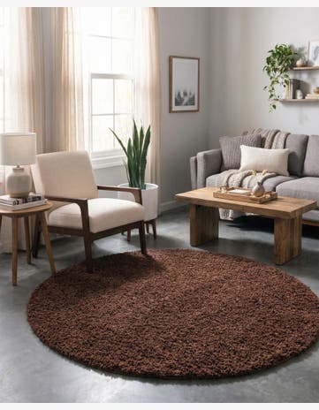 Chocolate Brown Solid Shag Round Rug
