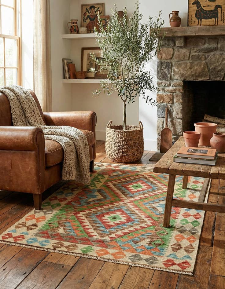 Detail image of 3' 6 x 4' 10  Hand Woven Kilim Maymana Wool Rug