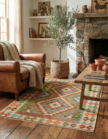 3' 6 x 4' 10 Hand Woven Kilim Maymana Wool Rug