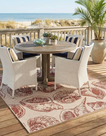 Ivory Rust Red Easy-Clean Coastal Indoor / Outdoor Square Rug