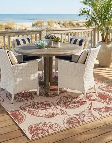 Ivory Rust Red Easy-Clean Coastal Indoor / Outdoor Square Rug