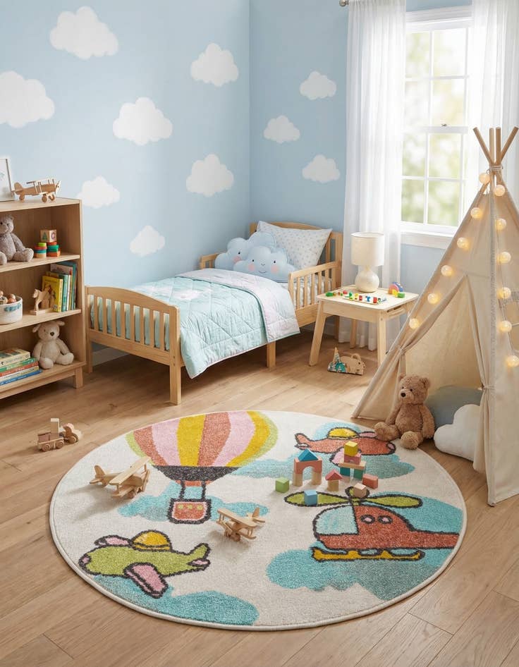 Detail image of 3' 3 x 3' 3 Airplanes Whimsy Kids Round Rug