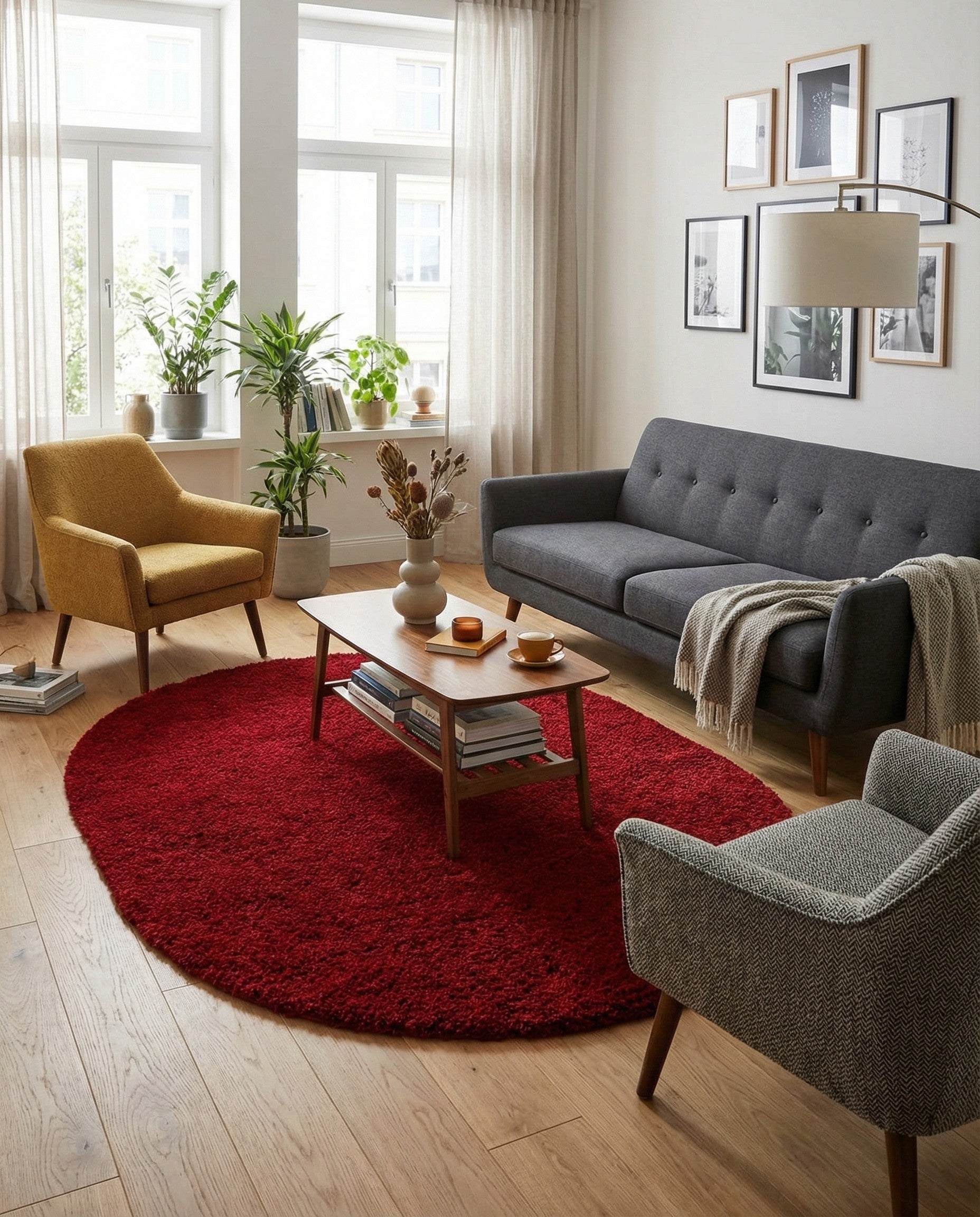 A plush, solid red oval shag rug, 7' 10 x 10' 0, offering soft texture for an indoor space.