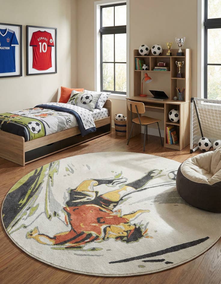 Detail image of 7' 10 x 7' 10 Soccer Player Whimsy Kids Round Rug
