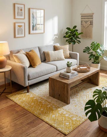 Ivory and Yellow Moroccan Trellis Square Rug
