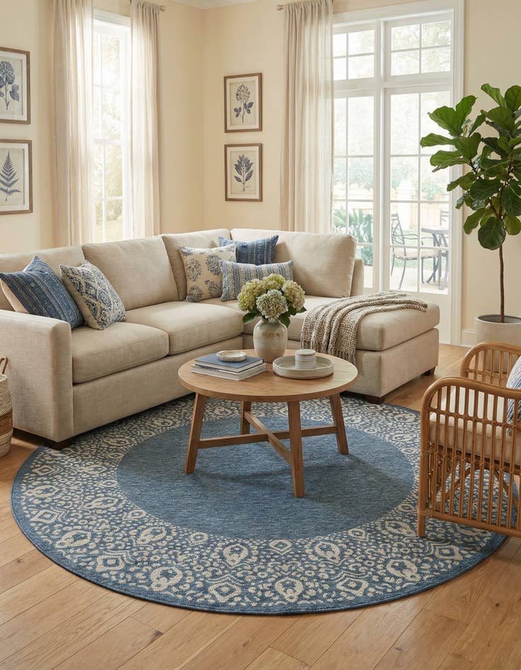 Detail image of 7' 10 x 7' 10  Washable Border Indoor / Outdoor Round Rug