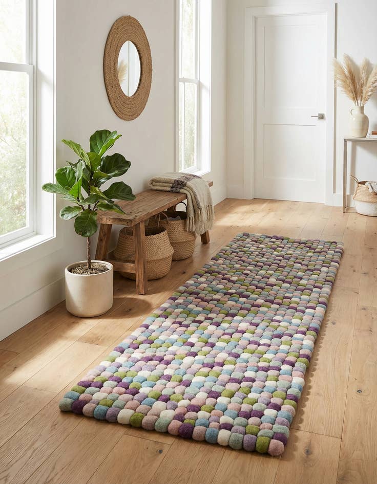 Detail image of  2' x 6' 1  Hand Woven Felt Ball Wool Runner Rug