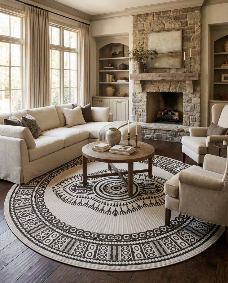 Detail image of 13' x 13' Easy-Clean Traditional Indoor / Outdoor Round Rug