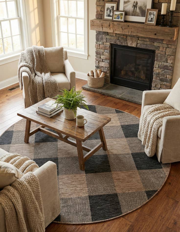 Detail image of  6' x 6'  Washable Checkered Indoor / Outdoor Round Rug