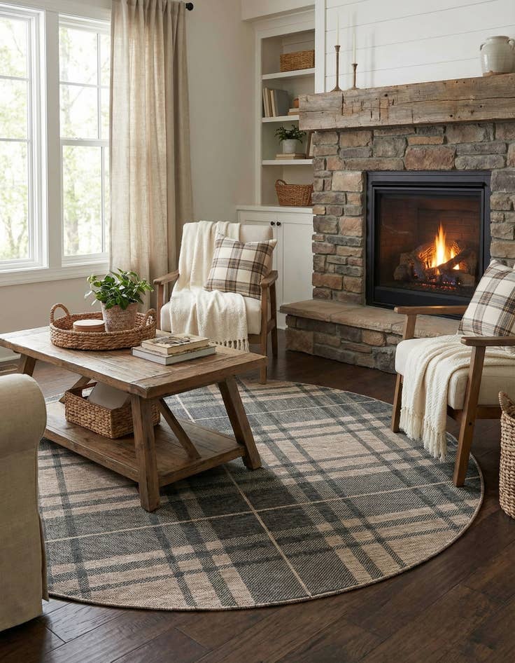 Detail image of 6' x 6'  Washable Checkered Indoor / Outdoor Round Rug