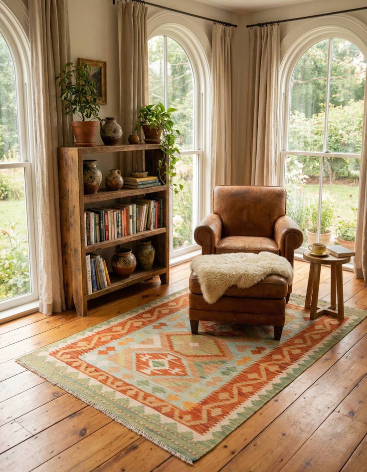 Detail image of  3' 2 x 5'  Hand Woven Kilim Waziri Wool Rug