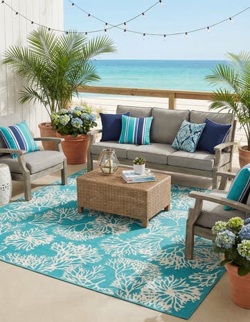 Teal Easy-Clean Coastal Indoor / Outdoor Square Rug