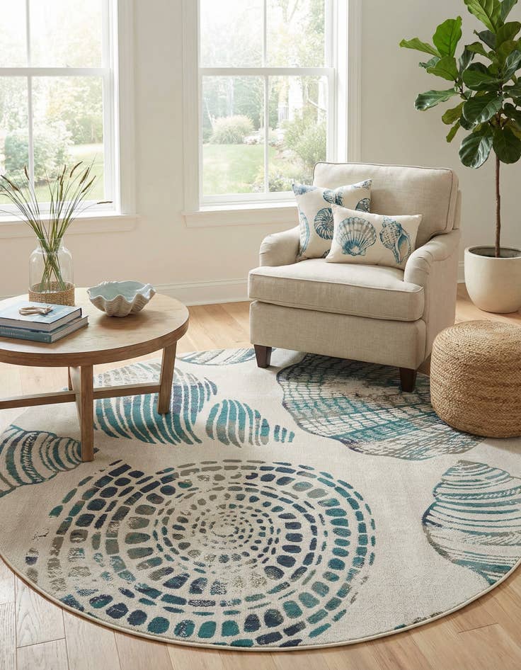 Detail image of 7' 10 x 7' 10  Washable Coastal Indoor / Outdoor Round Rug